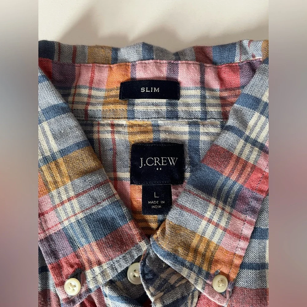 Men’s J. Crew Linen Blend Plaid Camp Short Sleeve Slim Fit Shirt L Preppy Casual